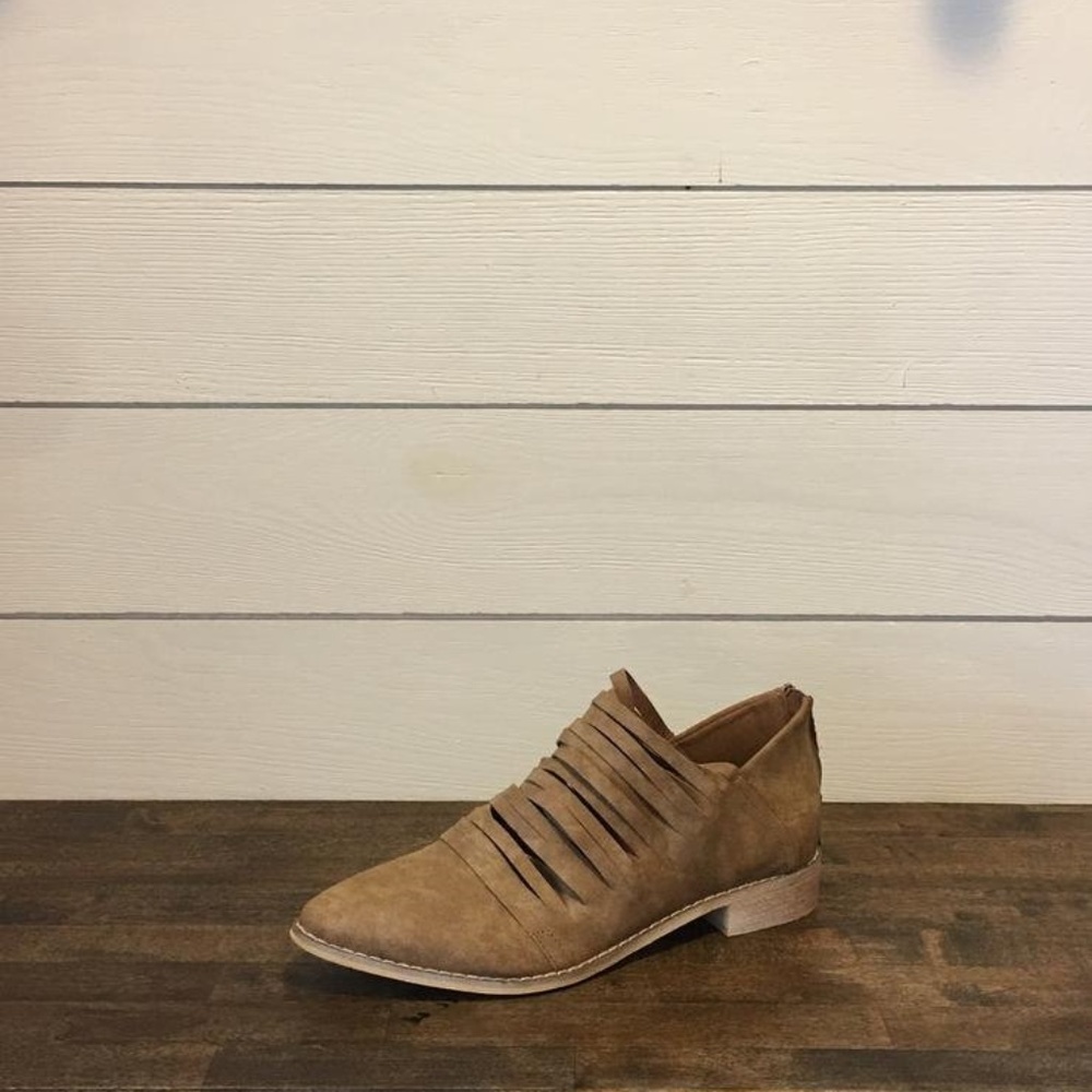 Distressed Booties with Laser Cut Stacked Heel